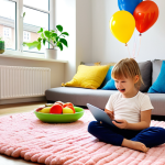**Prompt:** A cozy Cocomelon corner in a bright, modern Swedish home. Soft rug, colorful cushions, a bowl of fruit, and balloons. A toddler happily watching Cocomelon on a tablet. Focus on a warm, inviting, and safe atmosphere. Scandinavian design elements.