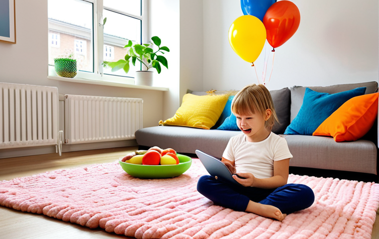**Prompt:** A cozy Cocomelon corner in a bright, modern Swedish home. Soft rug, colorful cushions, a bowl of fruit, and balloons. A toddler happily watching Cocomelon on a tablet. Focus on a warm, inviting, and safe atmosphere. Scandinavian design elements.
