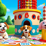 **Prompt:** A brightly colored, cartoon-style scene depicting Bingo the dog happily helping JJ build a tower of blocks with other CoComelon animal characters. The background should feature a sunny park setting with playful elements. Focus on showcasing teamwork and friendship.