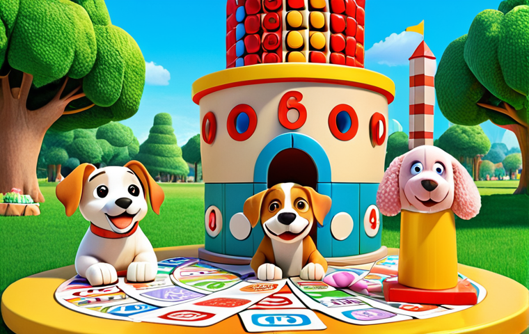 **Prompt:** A brightly colored, cartoon-style scene depicting Bingo the dog happily helping JJ build a tower of blocks with other CoComelon animal characters. The background should feature a sunny park setting with playful elements. Focus on showcasing teamwork and friendship.